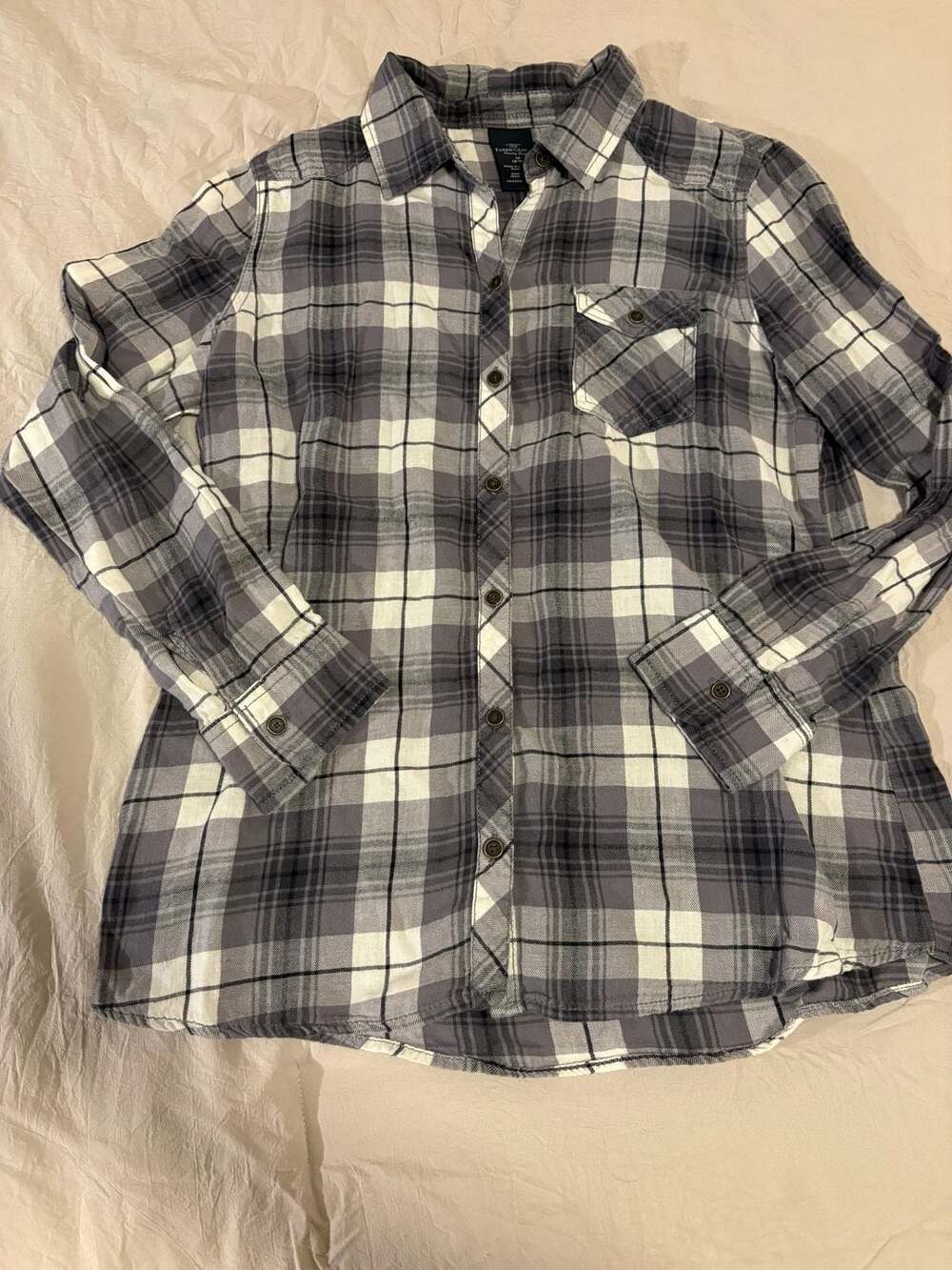 Faded Glory Plaid Flannel Shirt Size M (8-10) Gray Black White Cotton